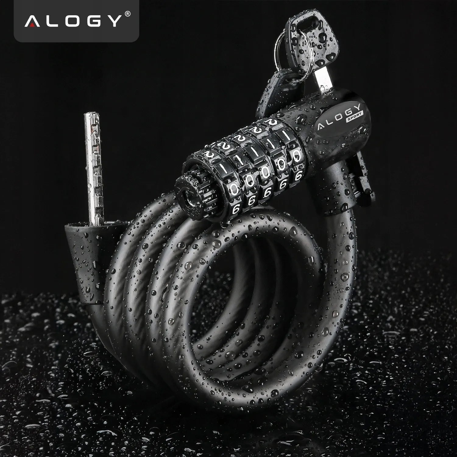 Dviračio užraktas Alogy, 120 cm, 10 mm, 2-in-1, su kodu ir raktu bei laikikliu