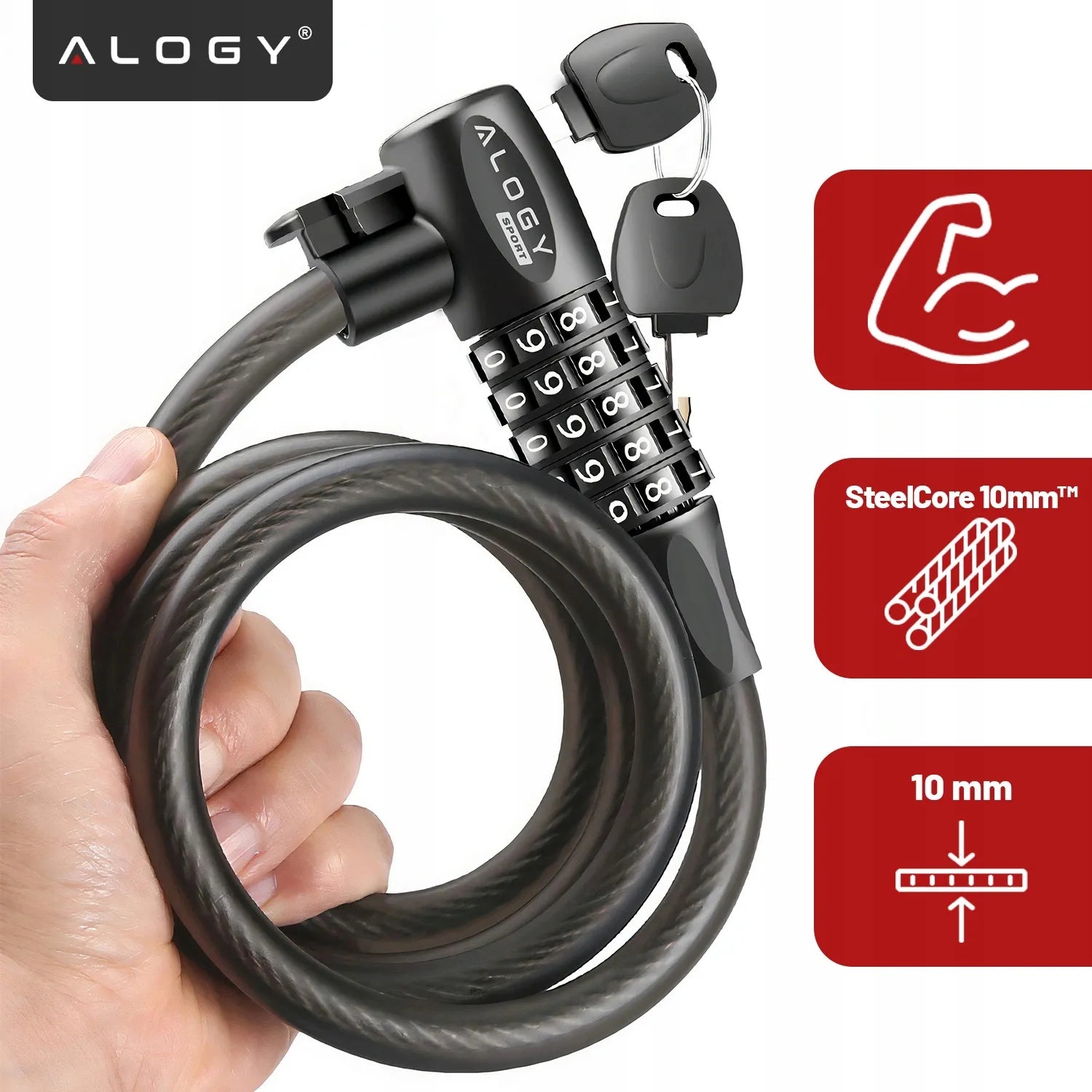 Dviračio užraktas Alogy, 120 cm, 10 mm, 2-in-1, su kodu ir raktu bei laikikliu