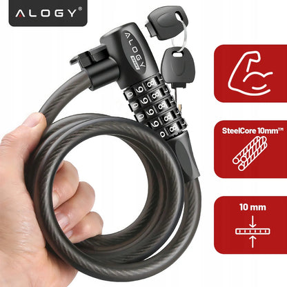 Dviračio užraktas Alogy, 120 cm, 10 mm, 2-in-1, su kodu ir raktu bei laikikliu