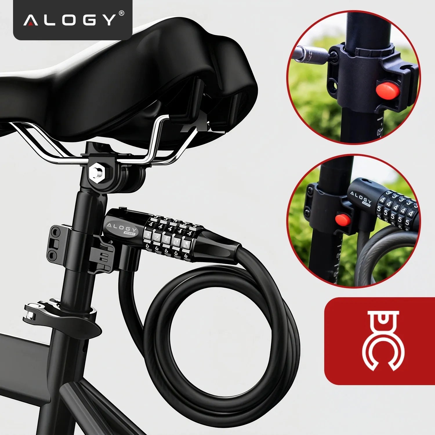 Dviračio užraktas Alogy, 120 cm, 10 mm, 2-in-1, su kodu ir raktu bei laikikliu