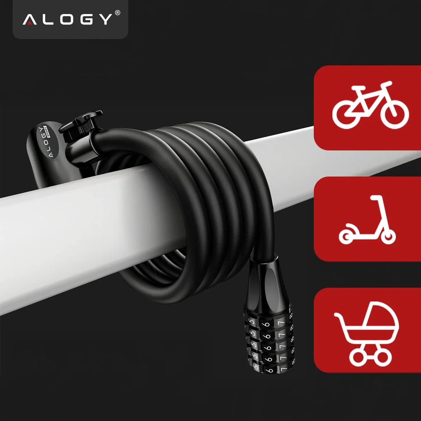 Dviračio užraktas Alogy, 120 cm, 10 mm, 2-in-1, su kodu ir raktu bei laikikliu