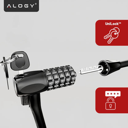 Dviračio užraktas Alogy, 120 cm, 10 mm, 2-in-1, su kodu ir raktu bei laikikliu