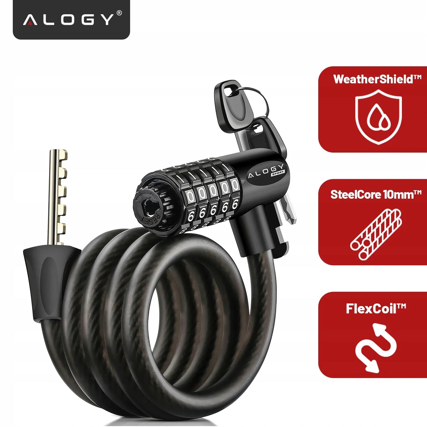 Dviračio užraktas Alogy, 120 cm, 10 mm, 2-in-1, su kodu ir raktu bei laikikliu
