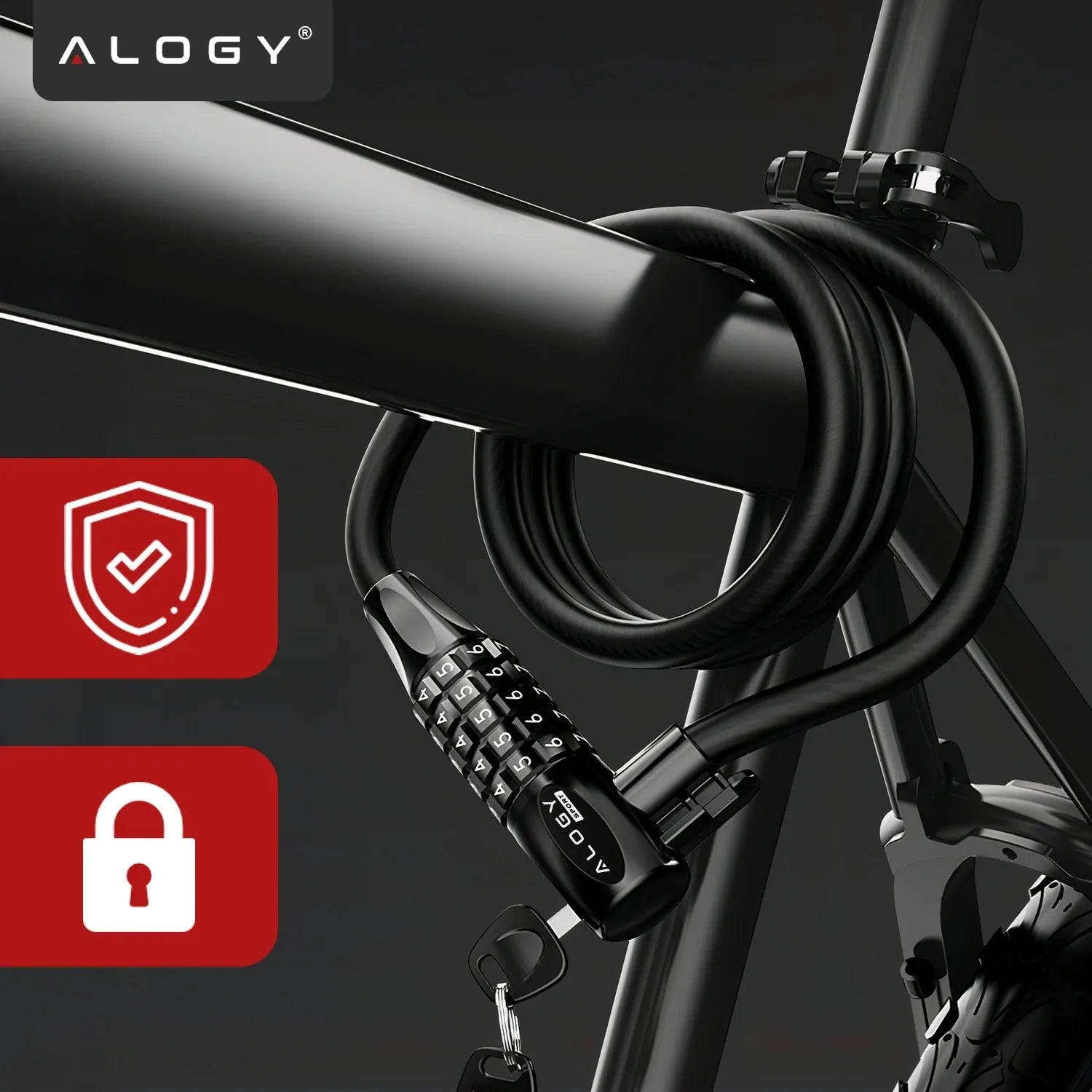 Dviračio užraktas Alogy, 120 cm, 10 mm, 2-in-1, su kodu ir raktu bei laikikliu