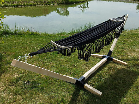 Dvivietis hamakas su stovu BOHO JUODAS nešiojamas komplektas COMFORT ZONE 200KG
