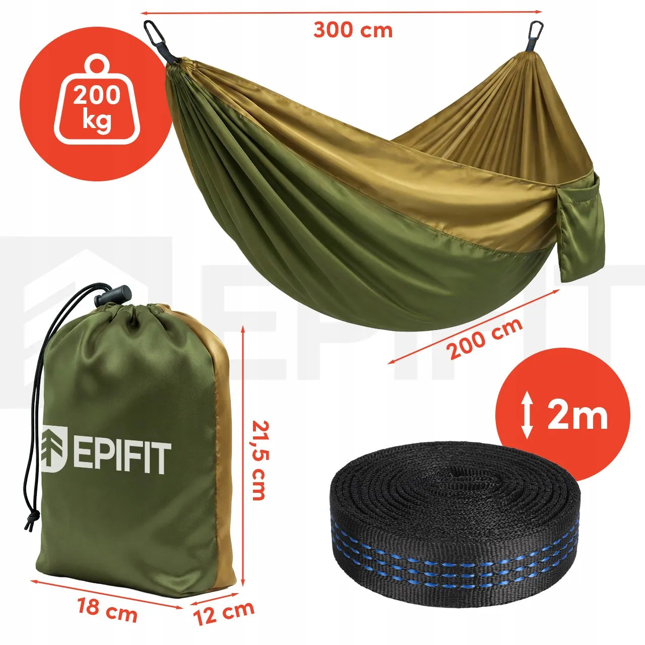 Dvivietis turistinis hamakas Epifit CALM300 300x200 cm, 200 kg, chaki spalvos