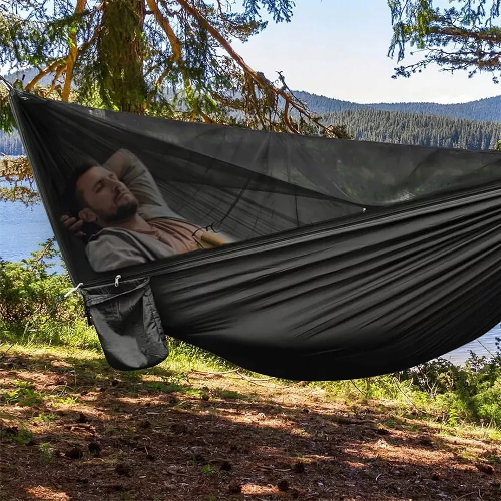 Dvivietis turistinis sodo hamakas su tinkleliu nuo uodų 300kg komplektas