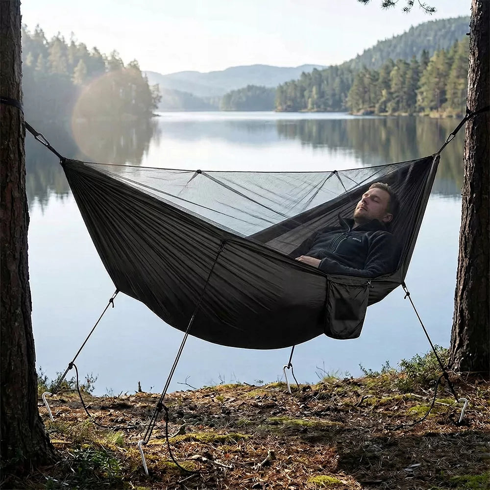 Dvivietis turistinis sodo hamakas su tinkleliu nuo uodų 300kg komplektas