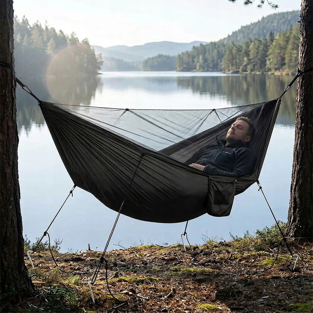 Dvivietis turistinis sodo hamakas su tinkleliu nuo uodų, keliamoji galia 300 kg