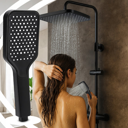 Juodas sieninis dušo komplektas su lietaus ir rankine galvutėmis