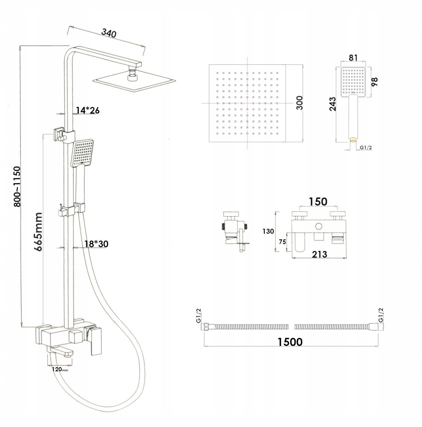 Sieninis juodas vonios ir dušo maišytuvas su lietaus galvute, rankinio dušo galvute ir žarna