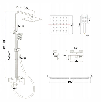 Sieninis juodas vonios ir dušo maišytuvas su lietaus galvute, rankinio dušo galvute ir žarna