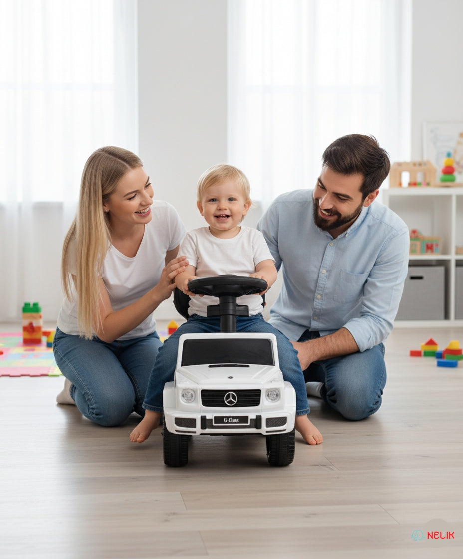 Vaikiškas automobilis stumiamas, automobiliukas MERCEDES su guminiais ratais, odine sėdyne, kaip vaikštynė - puiki dovana