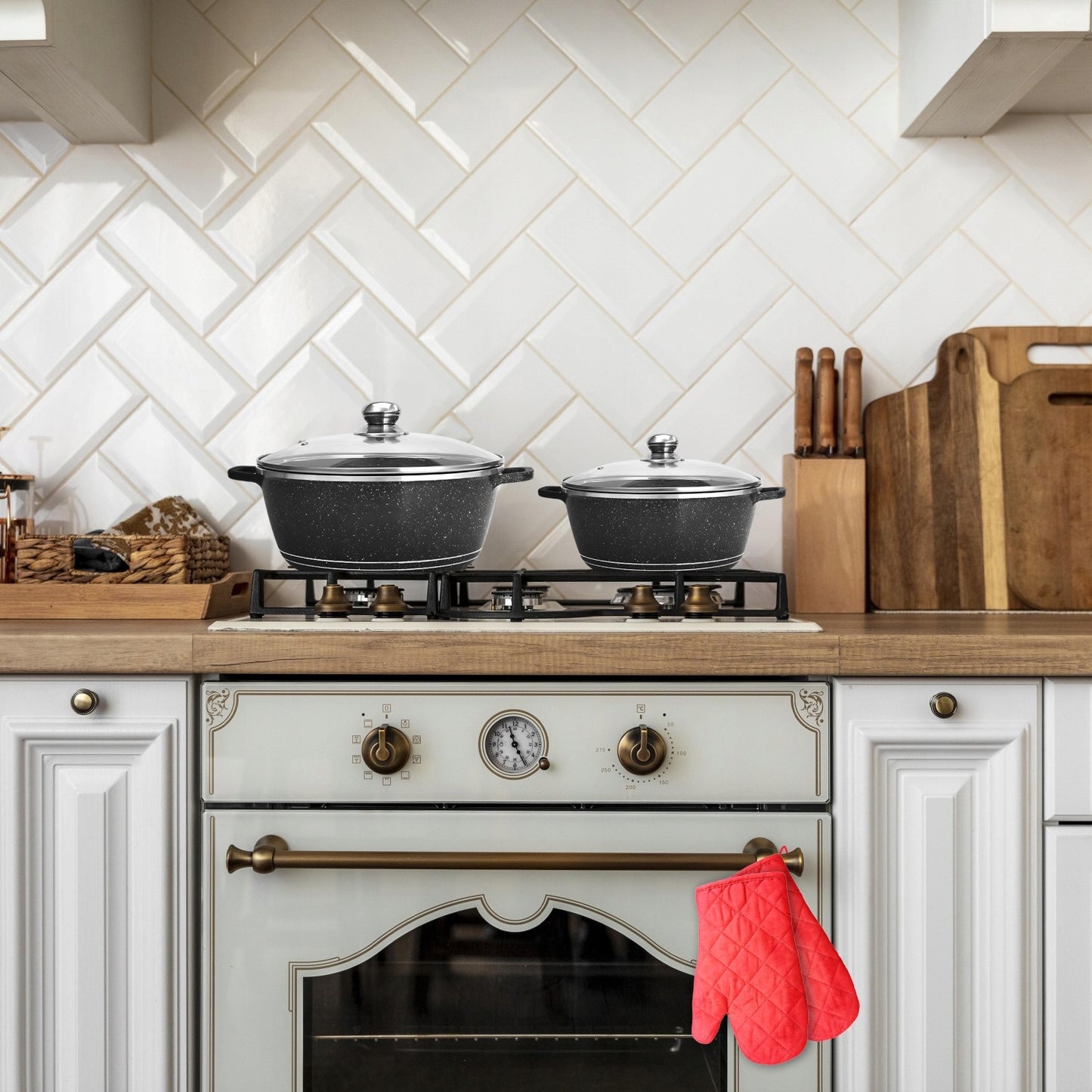 MARMURO PADENGIMO PUODŲ RINKINYS DUJINĖMS IR INDUKCINĖMS VIRYKLĖMS, 12 ELEMENTŲ, SU KELIAIS