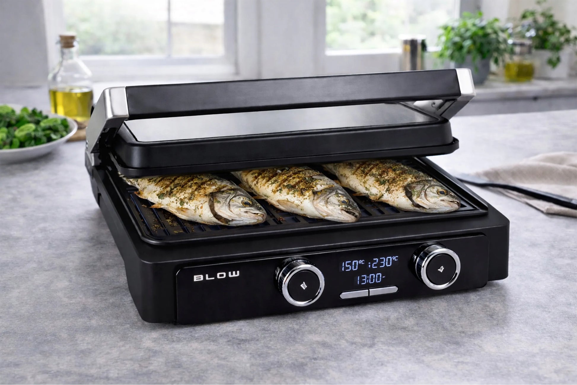 Elektrinis grilis BLOW Master Grill PRO 2500W, 180°, 2 kaitinimo zonos, laikmatis, išimamos plokštės