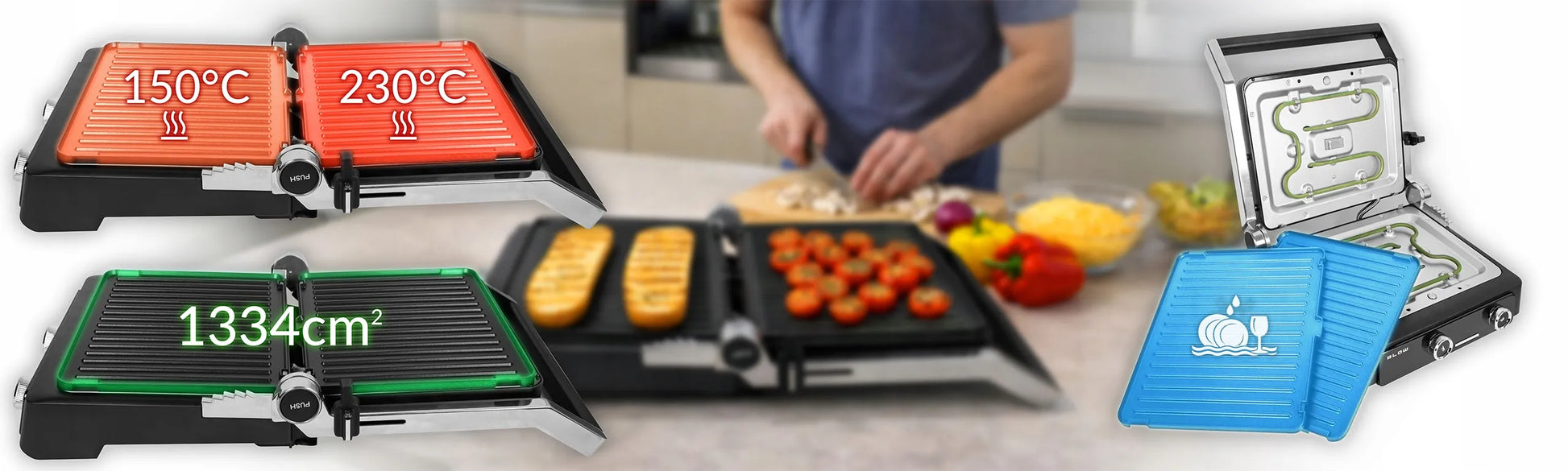 Elektrinis grilis BLOW Master Grill PRO 2500W, 180°, 2 kaitinimo zonos, laikmatis, išimamos plokštės