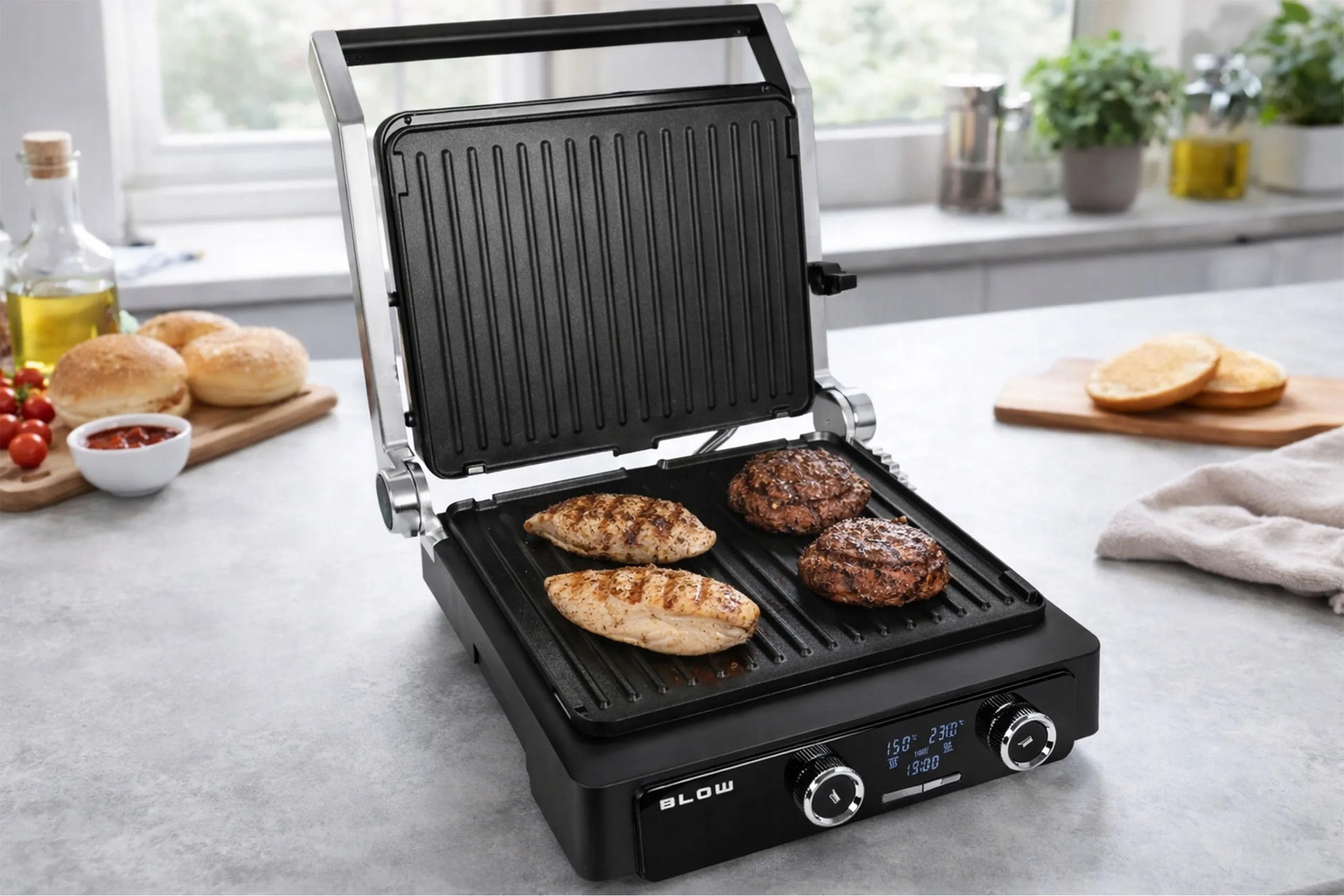Elektrinis grilis BLOW Master Grill PRO 2500W, 180°, 2 kaitinimo zonos, laikmatis, išimamos plokštės