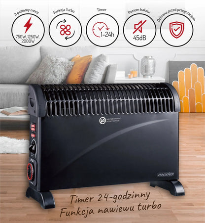Elektrinis konvektorinis šildytuvas Mesko su laikmačiu, „Turbo“ ventiliacija ir 2000W galia