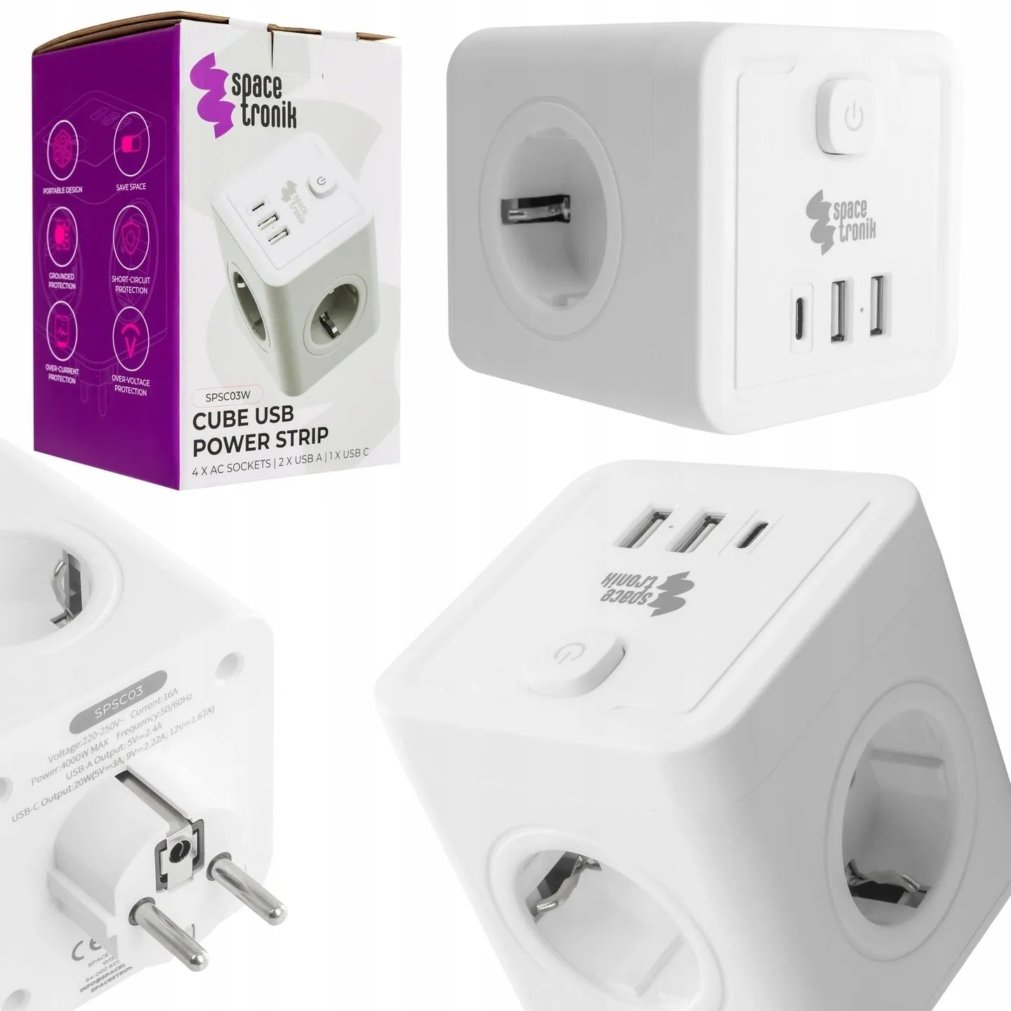 Elektrinis šakotuvas su jungikliu 4xAC 3xUSB Spacetronik