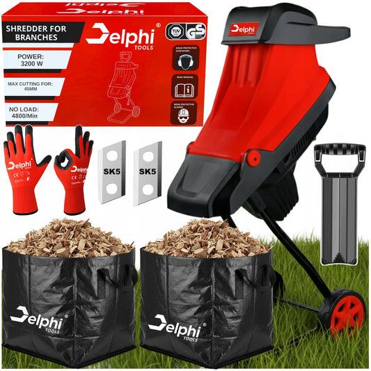 Elektrinis šakų smulkintuvas Delphi Tools 3200W, 45mm, su 2 krepšiais