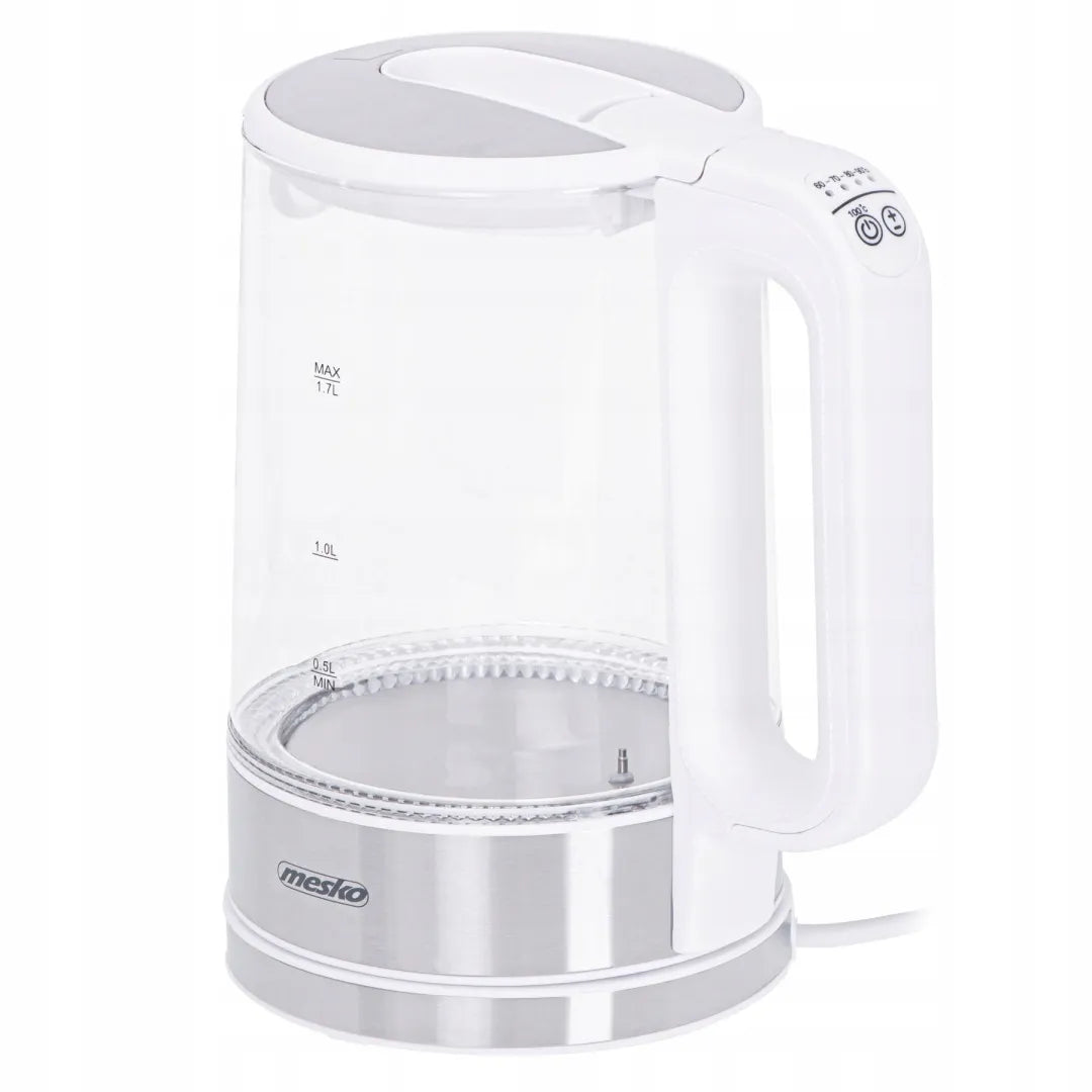 Elektrinis stiklinis virdulys MS-1301 su temperatūros reguliavimu, belaidis, 1,5 l, baltas