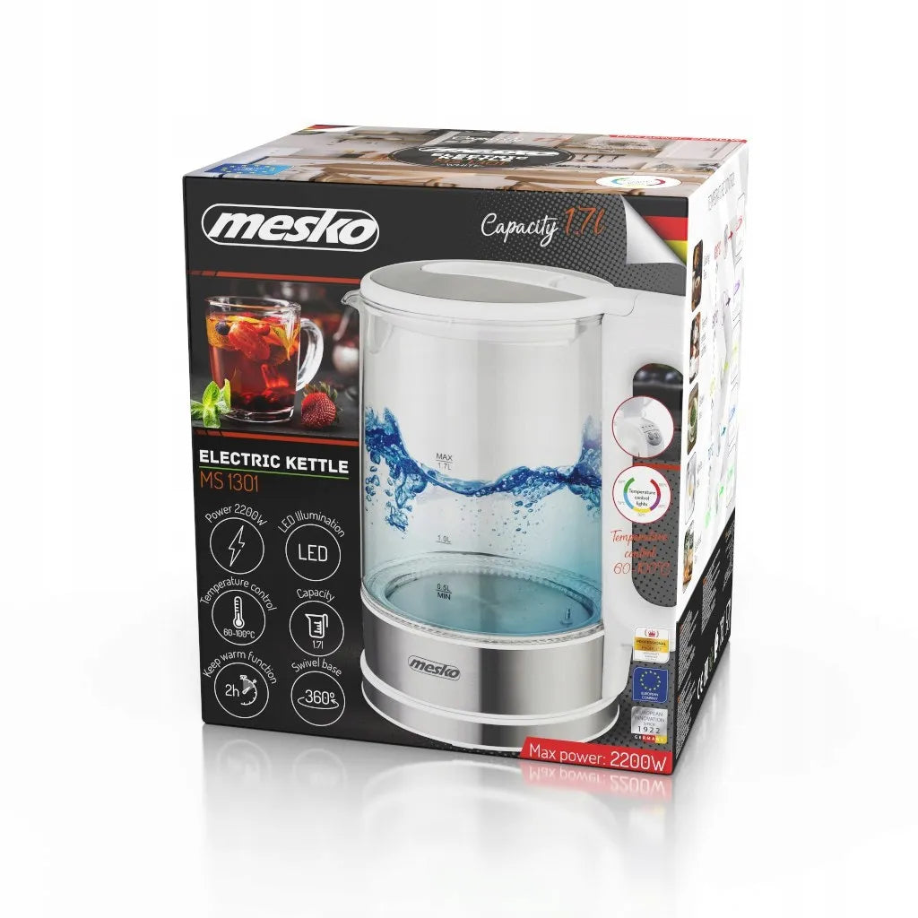 Elektrinis stiklinis virdulys MS-1301 su temperatūros reguliavimu, belaidis, 1,5 l, baltas