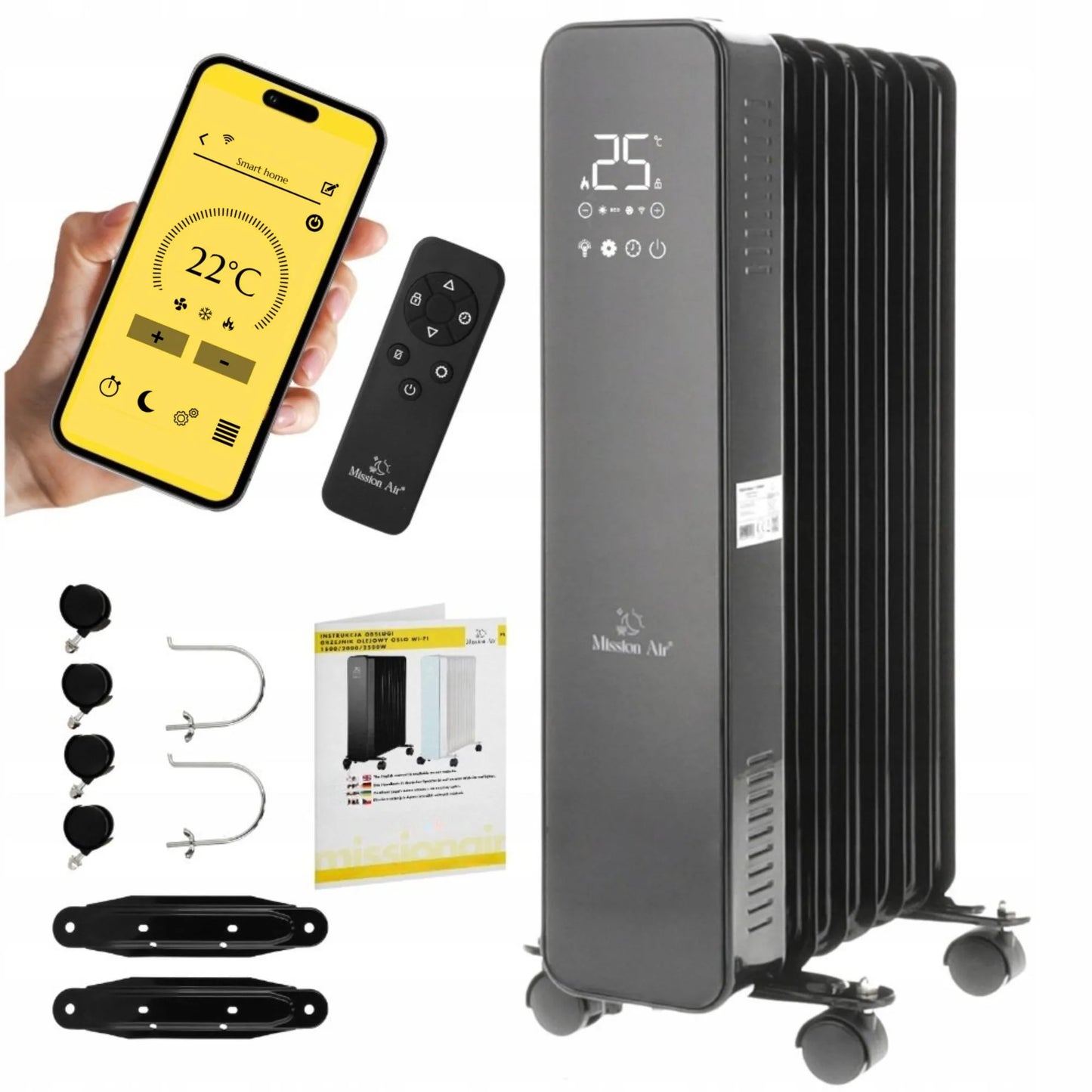 Elektrinis tepalinis radiatorius Mission Air OSLO 1500W, juodas, su WiFi ir laikmačiu