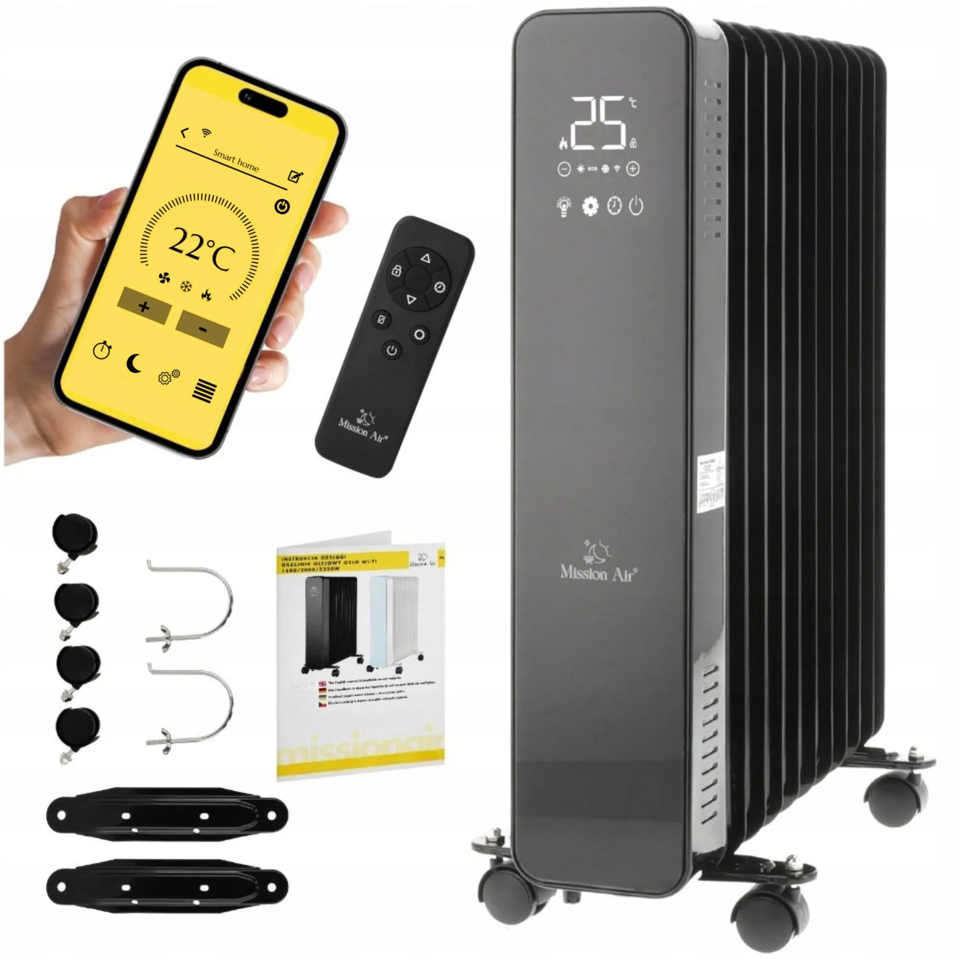 Elektrinis tepalinis radiatorius Mission Air OSLO 2500W, juodas, su WiFi ir laikmačiu