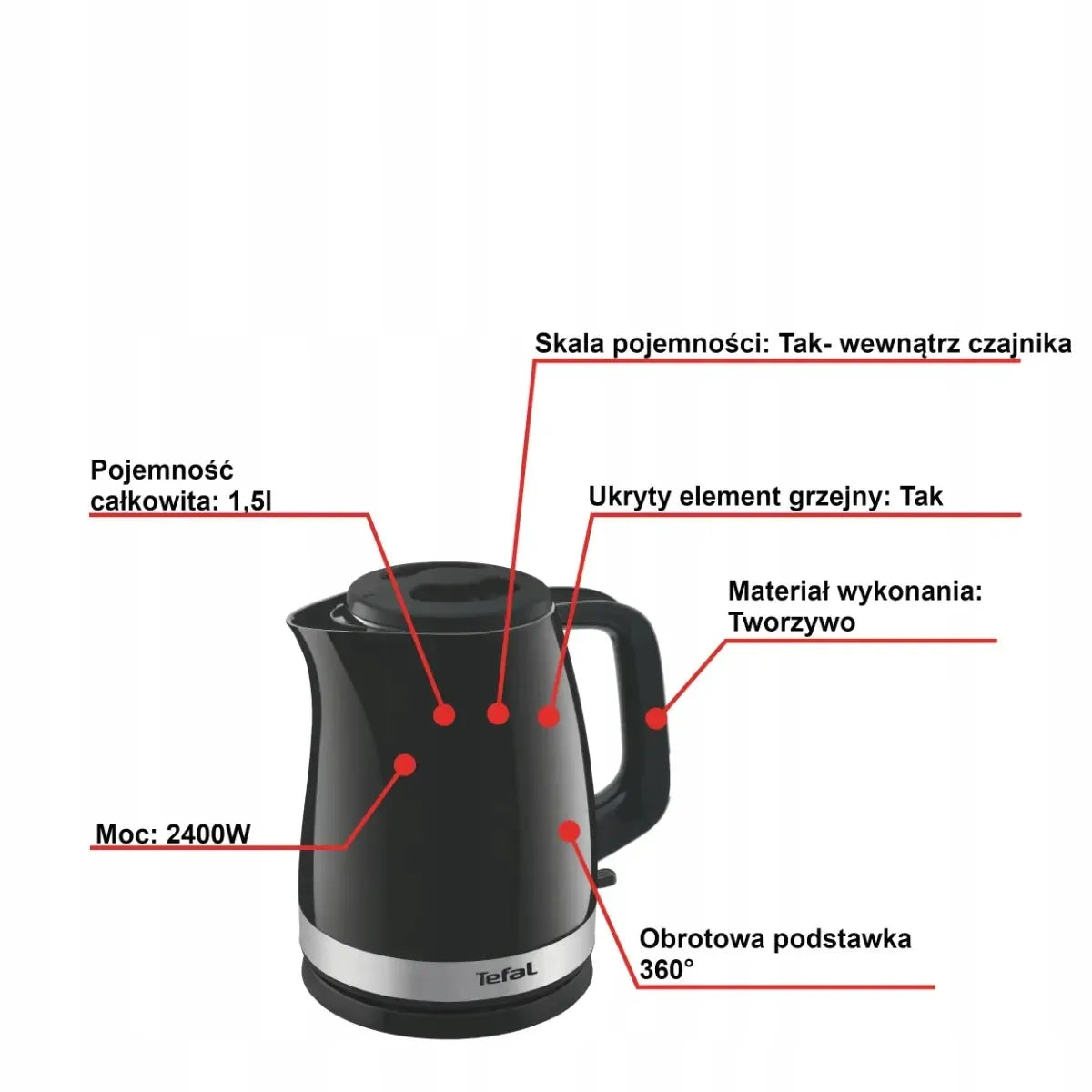 Elektrinis virdulys TEFAL Delfini KO150F30, 2400 W, 1,5 l, juodas