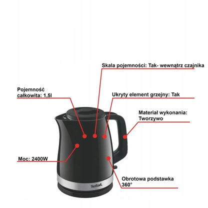 Elektrinis virdulys TEFAL Delfini KO150F30, 2400 W, 1,5 l, juodas