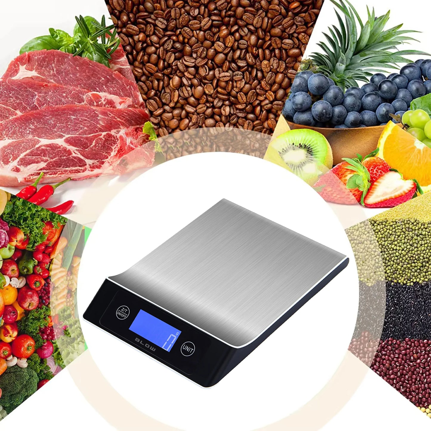 Elektroninės virtuvinės svarstyklės BLOW 7 vienetų 10 kg / 1 g nerūdijantis plienas LCD baterijos