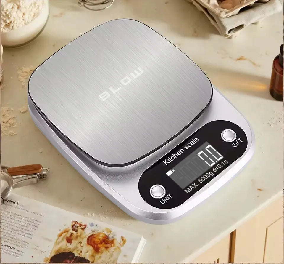 Elektroninės virtuvinės svarstyklės BLOW KS203, 5kg/1g, LCD, sidabrinės + baterijos