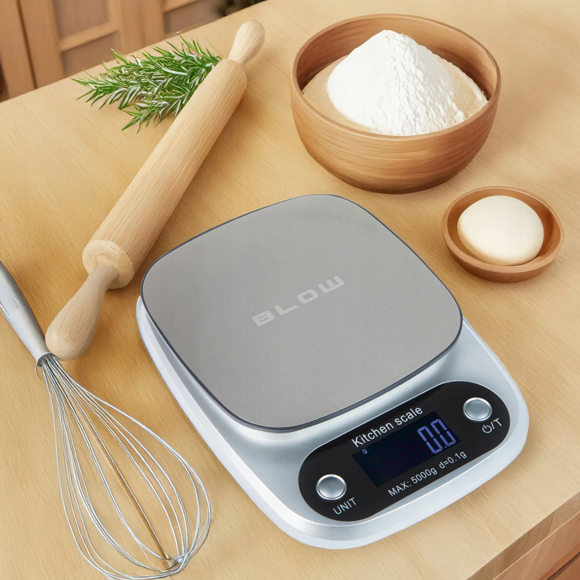 Elektroninės virtuvinės svarstyklės BLOW KS203, 5kg/1g, LCD, sidabrinės + baterijos