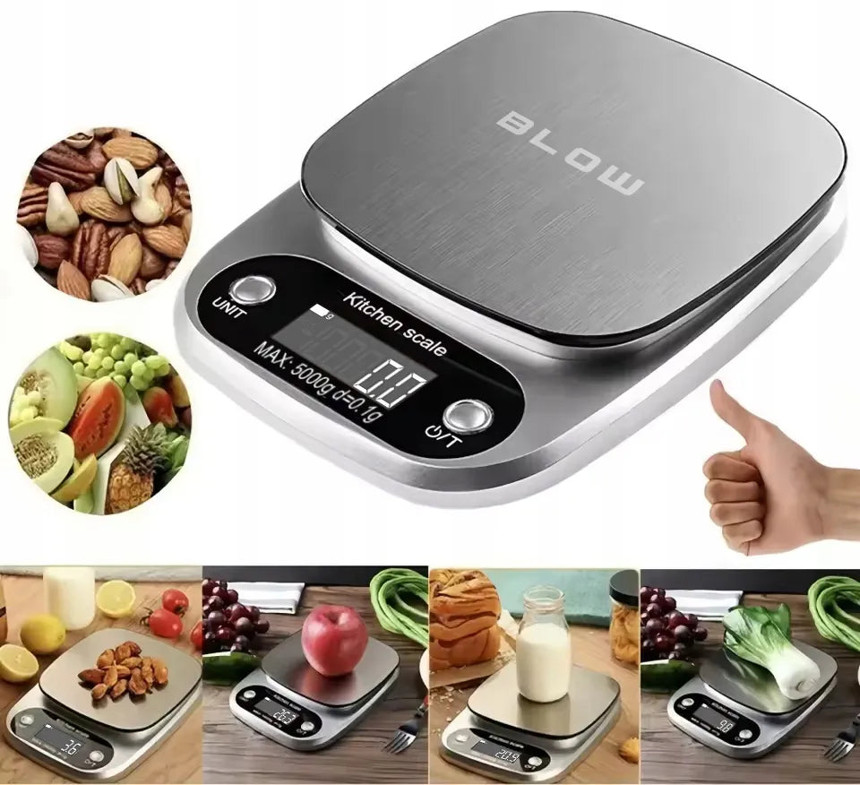 Elektroninės virtuvinės svarstyklės BLOW KS203, 5kg/1g, LCD, sidabrinės + baterijos