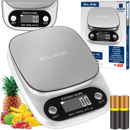 Elektroninės virtuvinės svarstyklės BLOW KS203, 5kg/1g, LCD, sidabrinės + baterijos