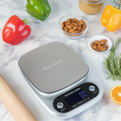 Elektroninės virtuvinės svarstyklės BLOW KS203, 5kg/1g, LCD, sidabrinės + baterijos