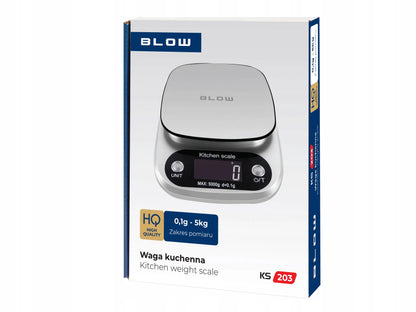 Elektroninės virtuvinės svarstyklės BLOW KS203, 5kg/1g, LCD, sidabrinės + baterijos