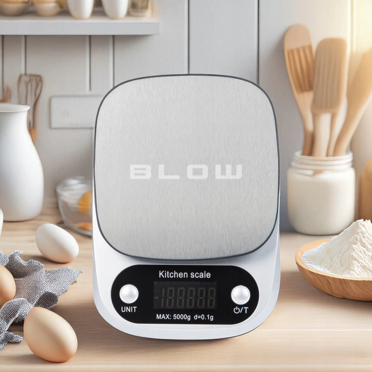 Elektroninės virtuvinės svarstyklės BLOW KS203, 5kg/1g, LCD, sidabrinės + baterijos