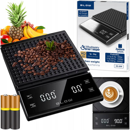 Elektroninės virtuvinės svarstyklės kavai, tikslios 3000g/0,1g, LCD, laikmatis, baterijos