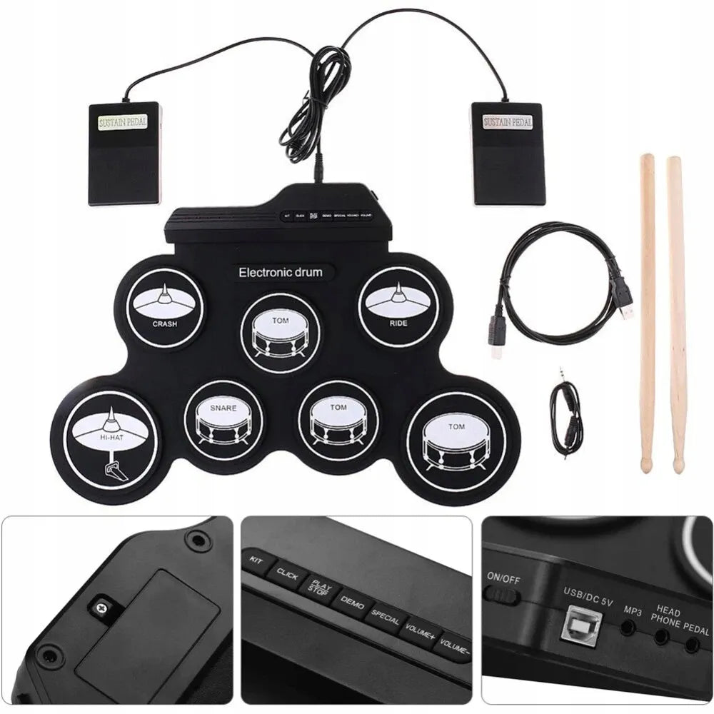 Elektroniniai būgnai vaikams ir suaugusiems USB silikoniniai 7 padai