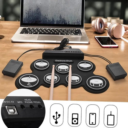 Elektroniniai būgnai vaikams ir suaugusiems USB silikoniniai 7 padai