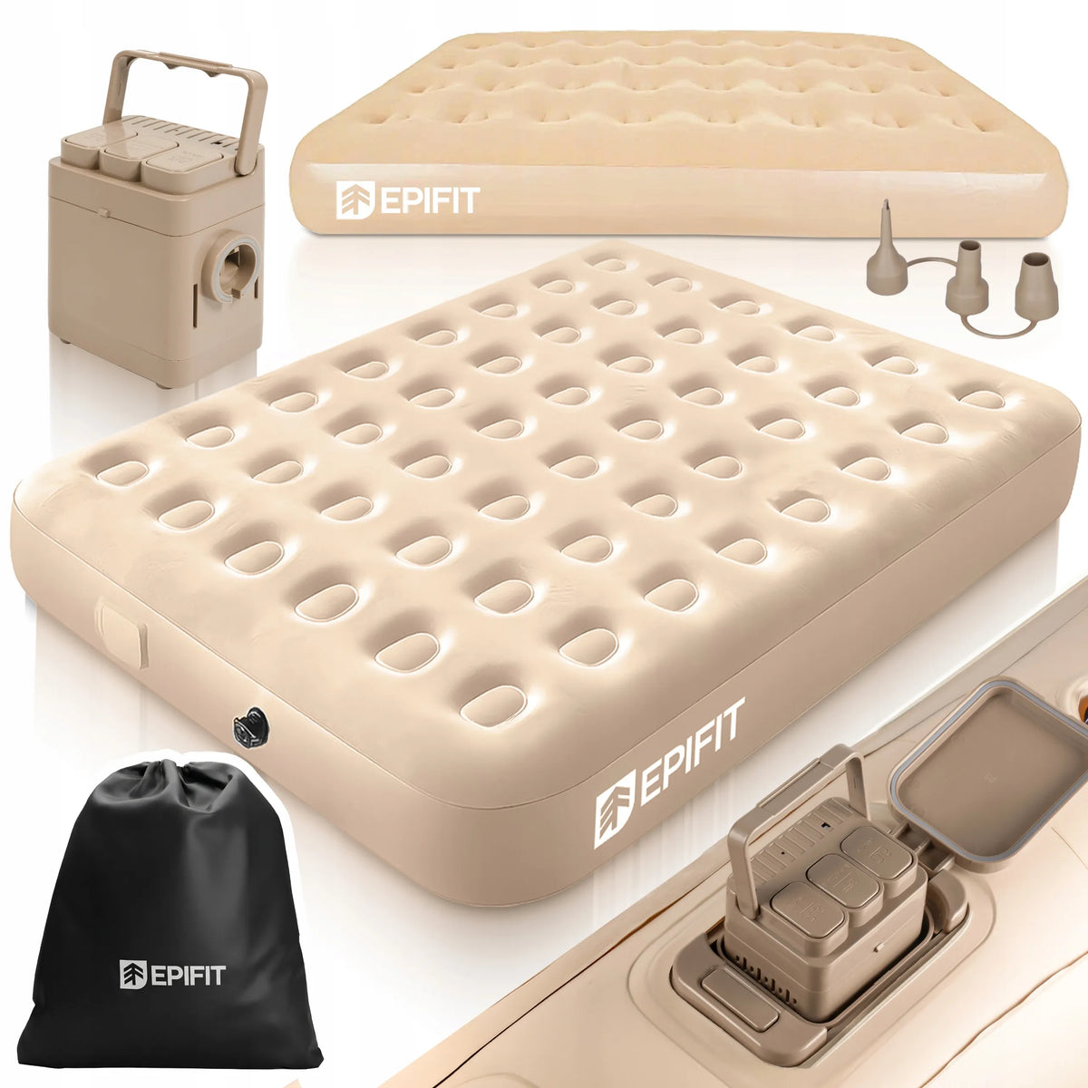 „Epifit AIRE Beige“ dvivietis pripučiamas čiužinys su USB-C elektriniu pompu, 300 kg