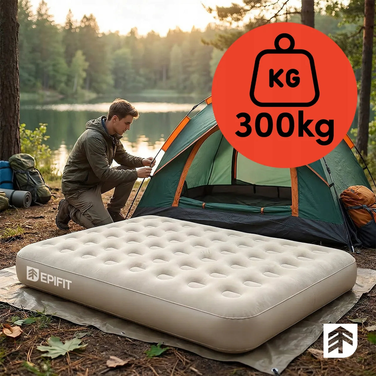 „Epifit AIRE Beige“ dvivietis pripučiamas čiužinys su USB-C elektriniu pompu, 300 kg