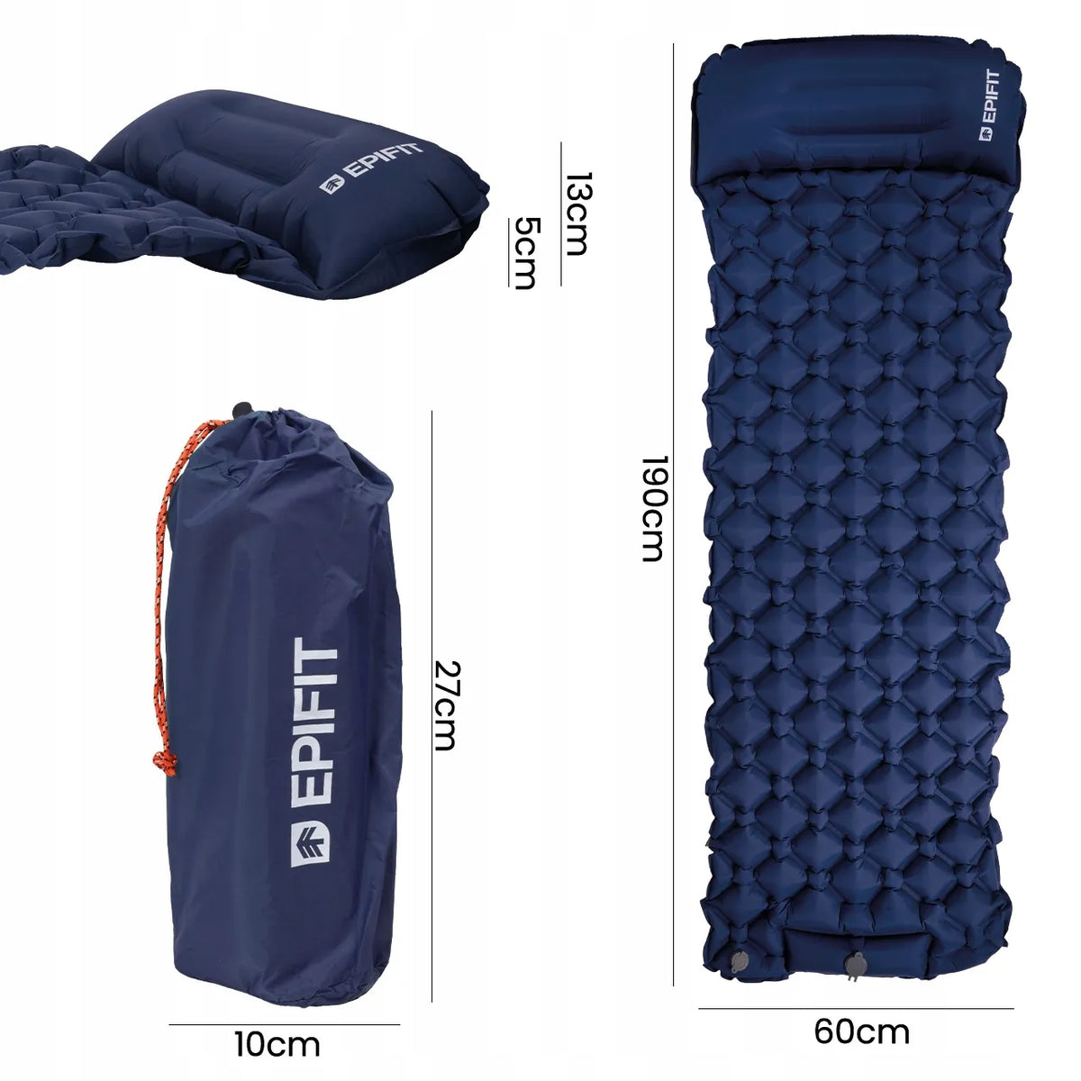 Epifit REST turistinis savaime prisipučiantis čiužinys su integruota pompa ir pagalve, tamsiai mėlynas, 190 × 60 × 5 cm