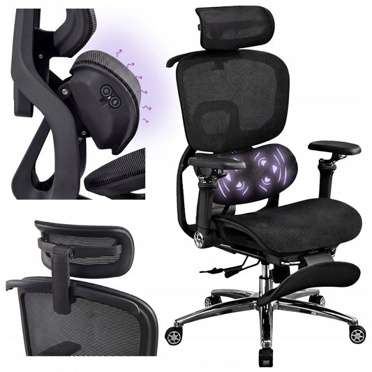 Ergonominė biuro kėdė Spacetronik Doris su masažo funkcija, atrama kojoms, juoda, tinklelio audinys