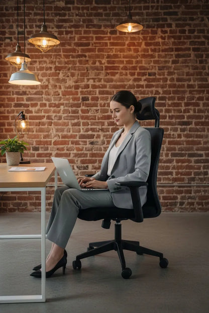 Ergonomiškas patogus biuro kėdė FXB004 su reguliuojamais porankiais ir galvos atrama