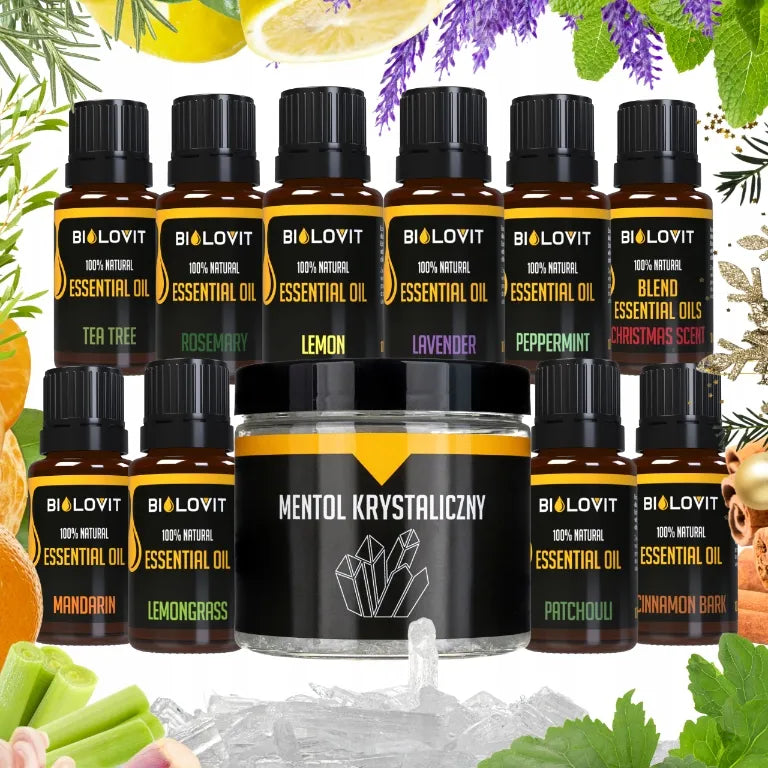 Eteriniai pirties aliejai 10ml x10 + Kristalinis mentolis aromaterapijai 100g
