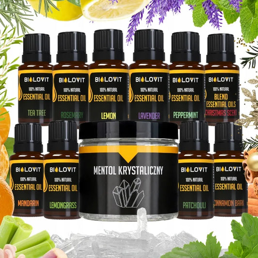 Eteriniai pirties aliejai 10ml x10 + Kristalinis mentolis aromaterapijai 100g