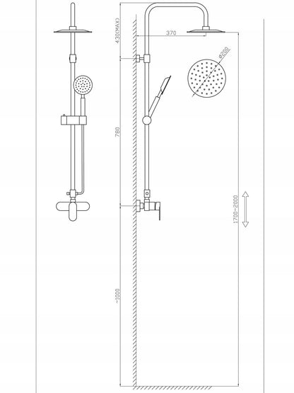 Lietaus dušas 1,5 m 170-200 skersmuo 20 cm žalvario juodas dušo komplektas