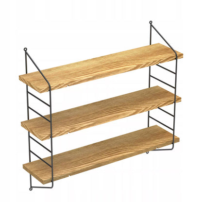 Juoda metalinė loft stiliaus kabanti lentyna svetainei ant sienos